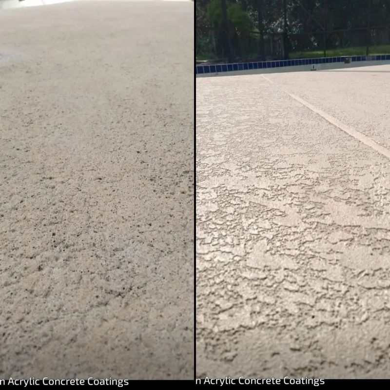 Side-by-side view of rough, textured concrete pavement surfaces outdoors.