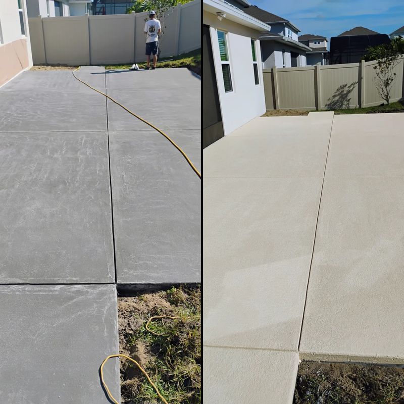 Split view of a concrete driveway repair before and after, with a worker in the background.