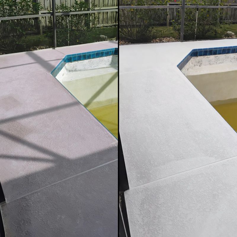 Split view of a pool deck before and after cleaning, showing gray concrete and blue pool edge.