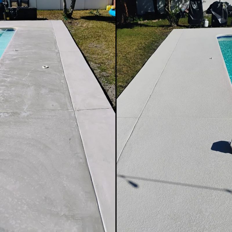 Split view of a newly poured concrete pool deck with a turquoise pool edge in sunlight.