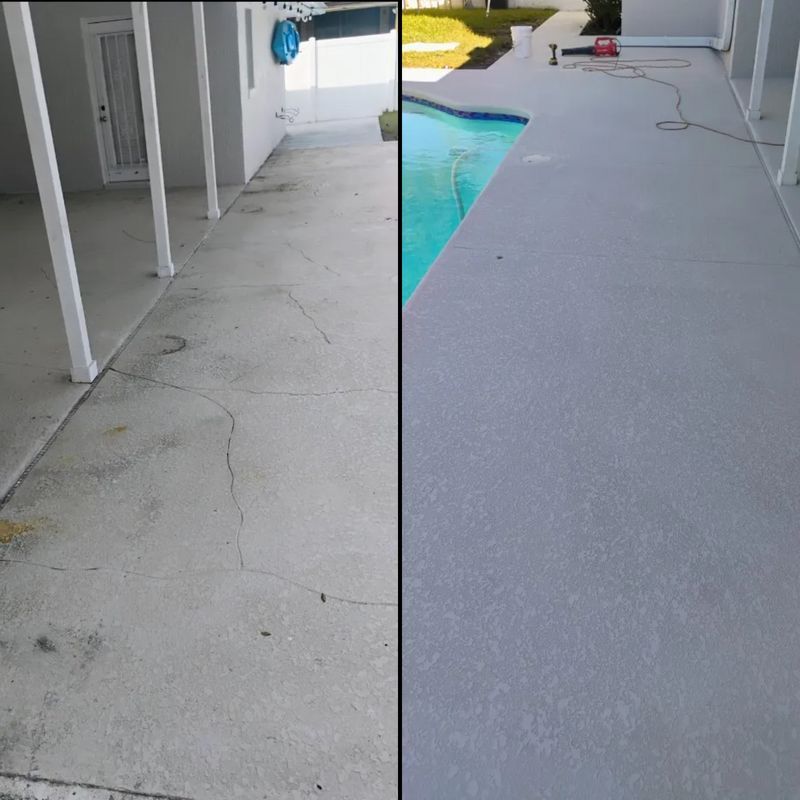 Concrete patio by a pool, split view of cracked old surface and smooth gray resurfaced finish