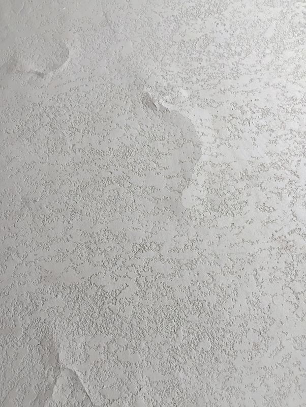 Close-up of a light gray textured wall with subtle cracks and uneven plaster.