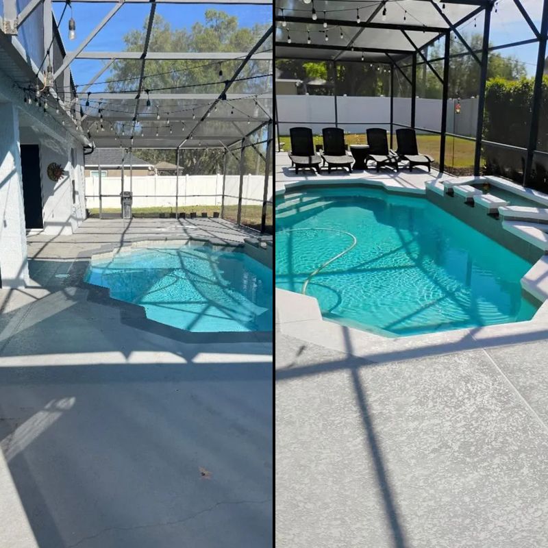 Screened-in backyard pool with turquoise water, lounge chairs, and bright sunlight casting shadows.