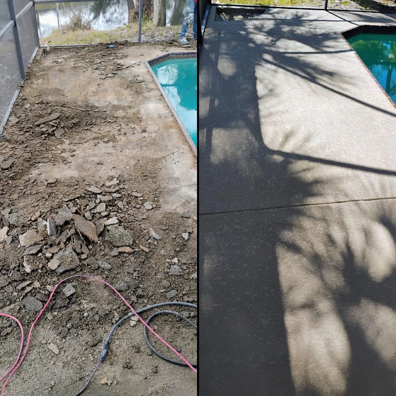 Before-and-after poolside patio: dirt and debris replaced by a smooth concrete walkway beside the pool.