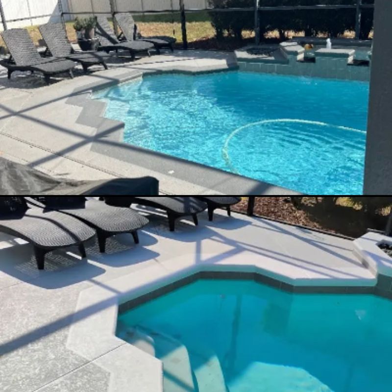Before and after of a bright blue pool with lounge chairs on a sunny patio.