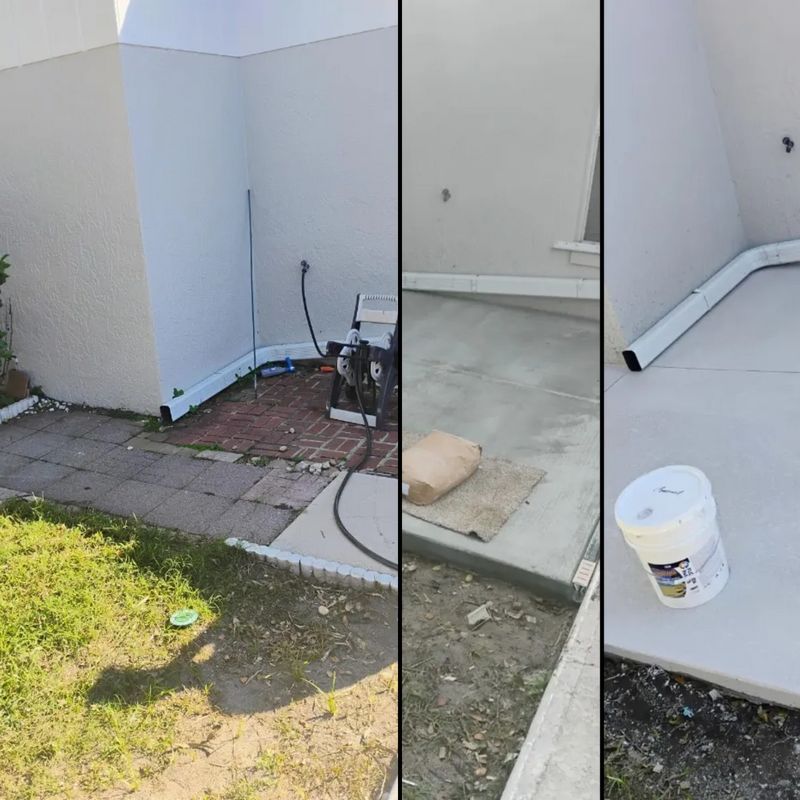 Three-panel view of a house exterior corner, patio, and walkway with a paint bucket and hose.