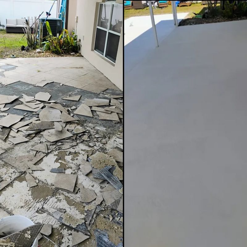 Broken concrete patio beside a house, with scattered slab pieces next to a smooth repaired section.