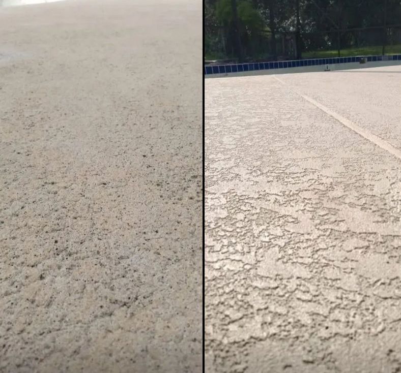 Split view of rough concrete pavement texture, with a smoother court surface and trees in the background.