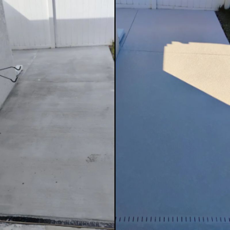 Side-by-side view of two flat roof surfaces: bare gray concrete on the left and blue coated roofing on the right.