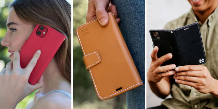 Three different smartphone cases are showcased: a red slim case, a brown leather wallet case, and a black folio case.