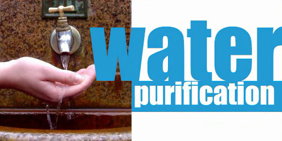A picture of a person holding a faucet next to the words water purification