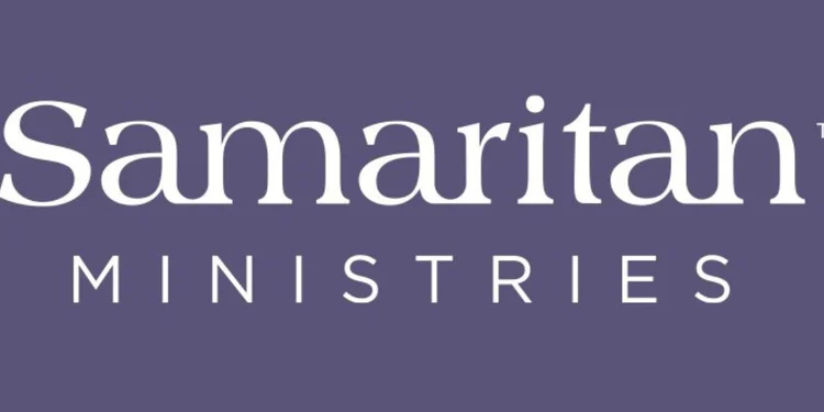 A logo for samaritan ministries on a purple background