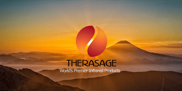 A sunset over a mountain range with the therasage logo in the foreground.