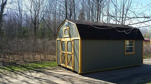 Green shed with brown roof, yellow trim, and window, set in yard.
