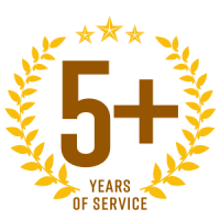 Gold laurel wreath logo with “5+ years of service” text and three stars above.