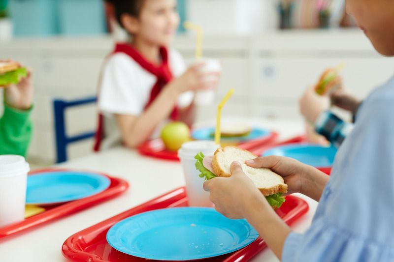 Children eating lunch at a school table with red trays and blue plates
