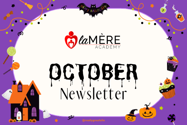 Purple Halloween-themed October newsletter cover with spooky decorations and LaMERE Academy logo