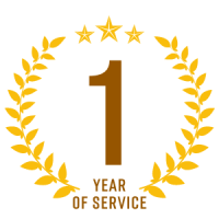 Gold “1 Year of Service” badge with laurel wreath and three stars on a white background