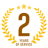 Gold “2 years of service” badge with laurel wreath and three stars on white background