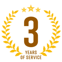 Gold laurel wreath with three stars and large number 3 above “years of service” text