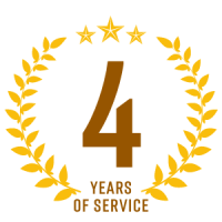 Gold “4 Years of Service” award with laurel wreath and three stars on white background