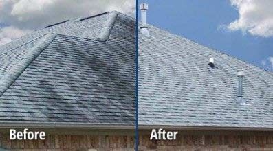 There is a before and after picture of a roof cleaning service.