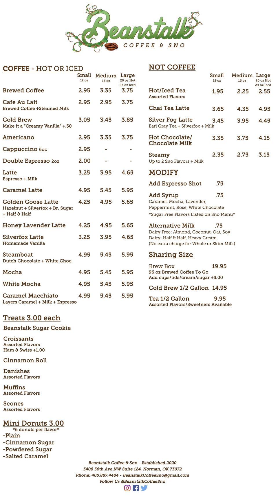 Beanstalk Coffee Sno Coffee Menu Norman Ok