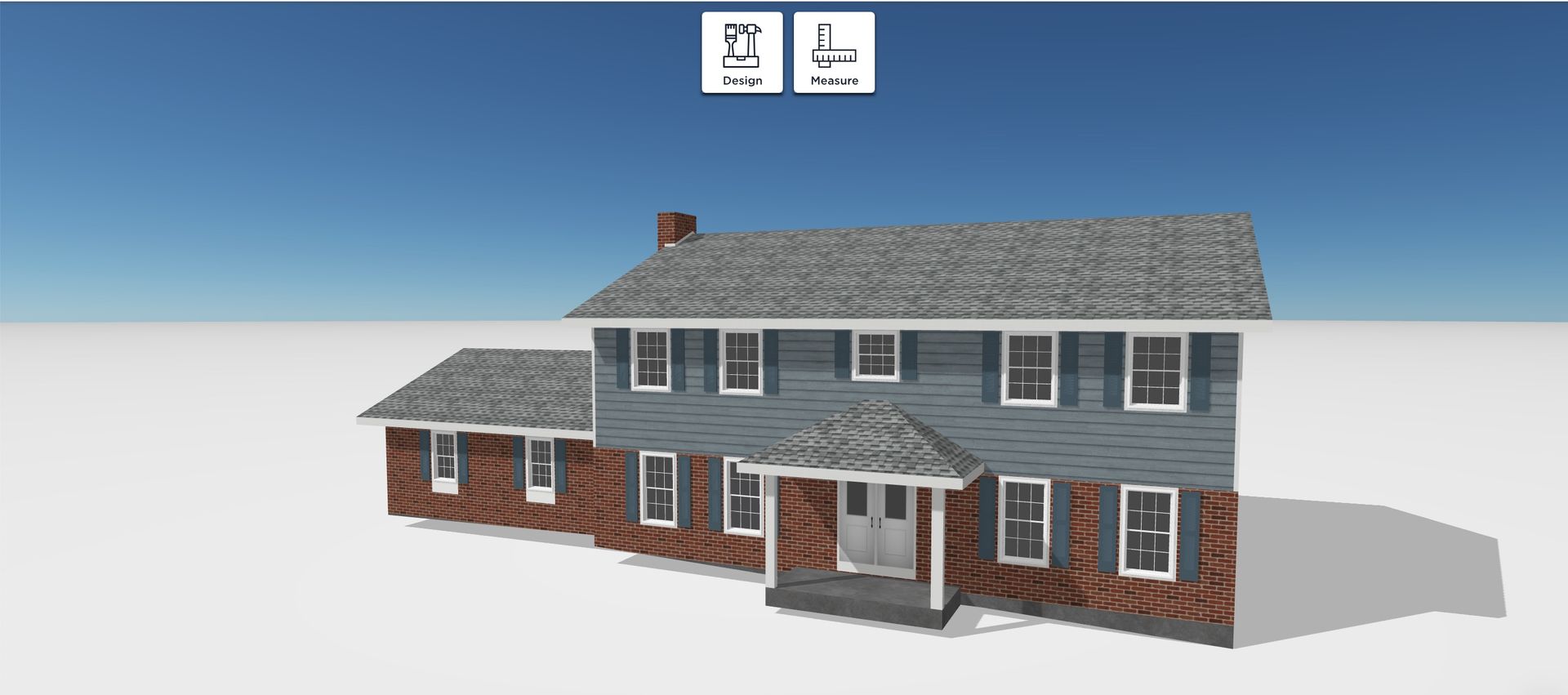 3D rendering of a blue house with a gray roof and brick accents, against a blue sky.