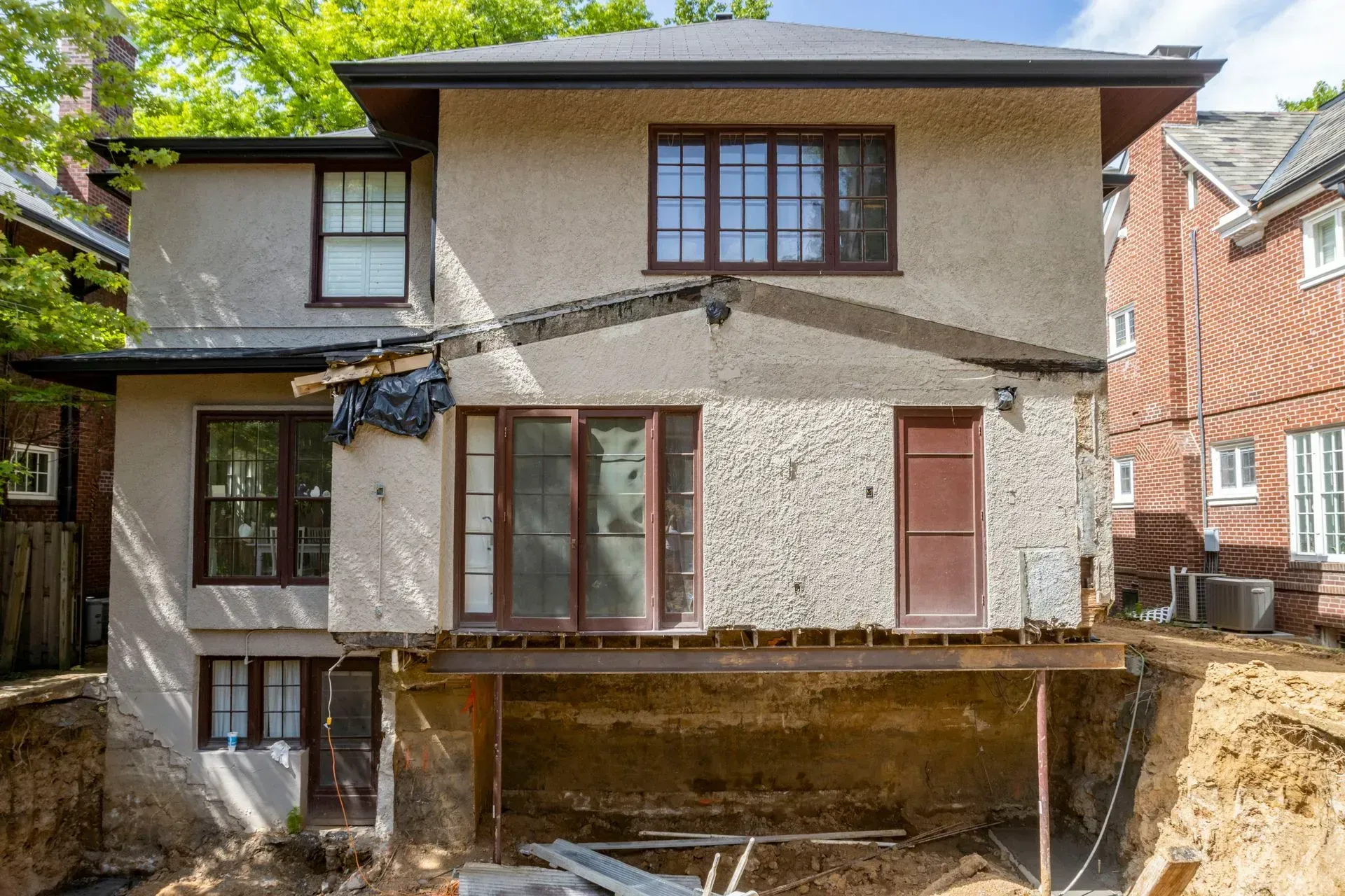 The back of a house is being built on a foundation.