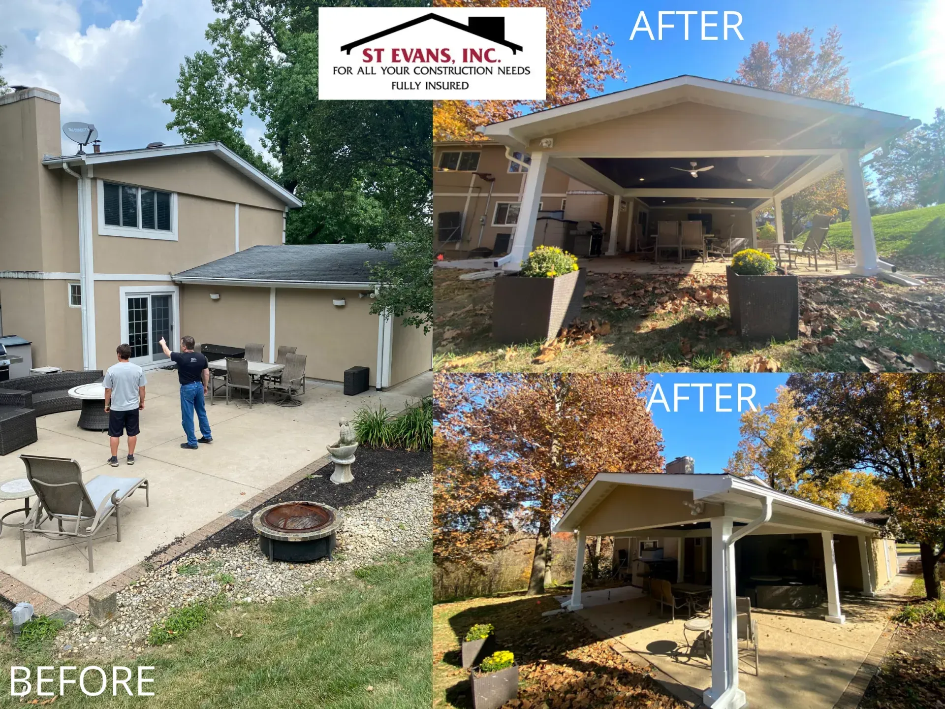 A before and after photo of a house with a covered patio.