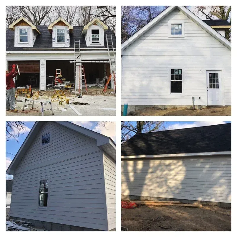 A collage of four pictures of a house under construction