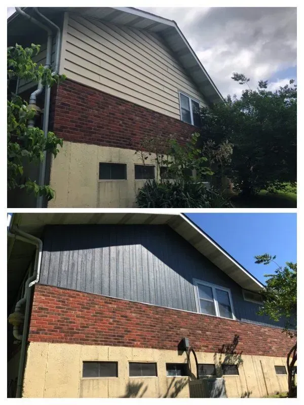 A before and after picture of a house with a brick side.