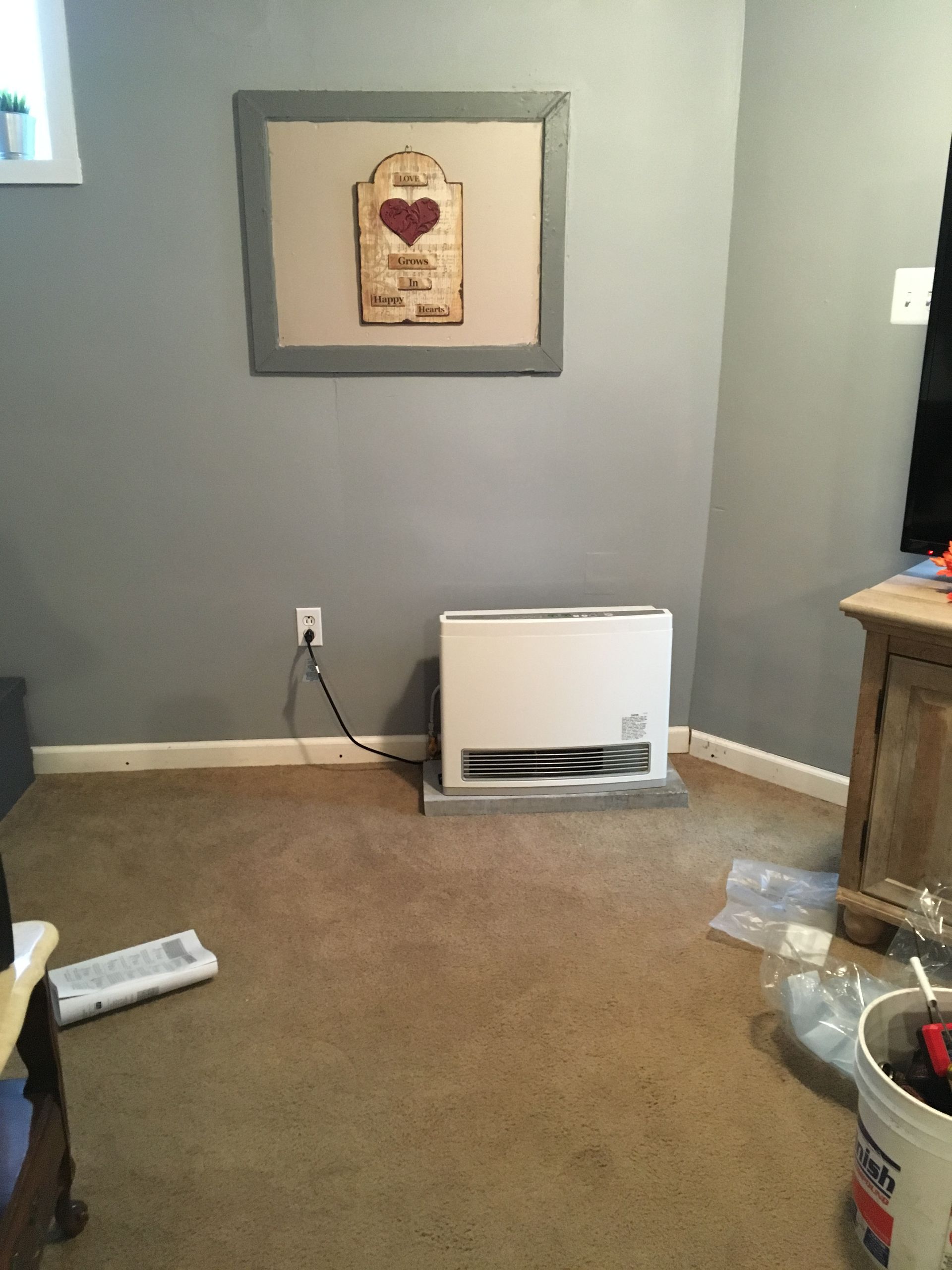 Room with gray walls, beige carpet, and a white heater on the floor below a framed decoration.