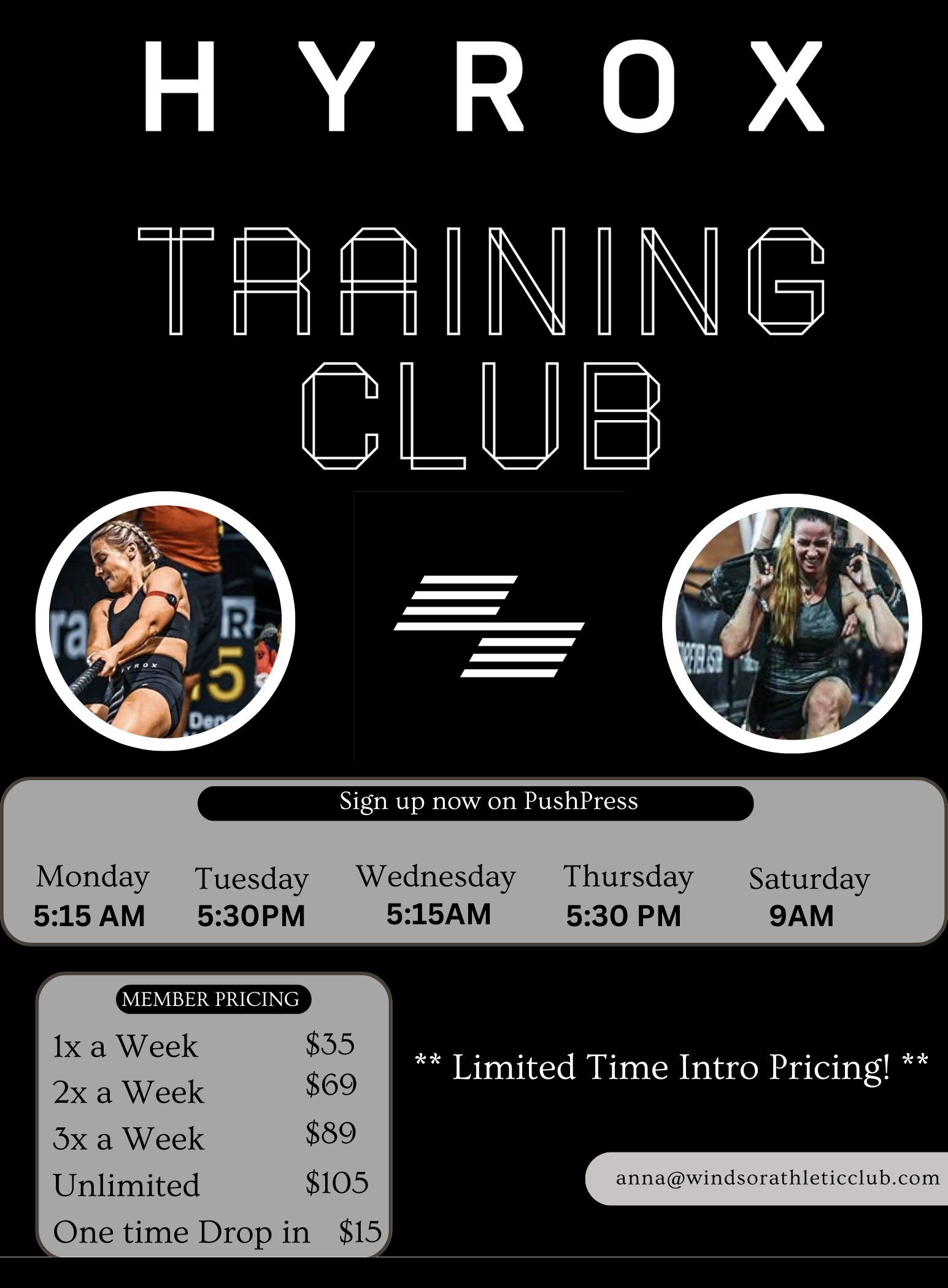 HYROX Training Club flyer with images of athletes and class schedule. Includes pricing and contact info.
