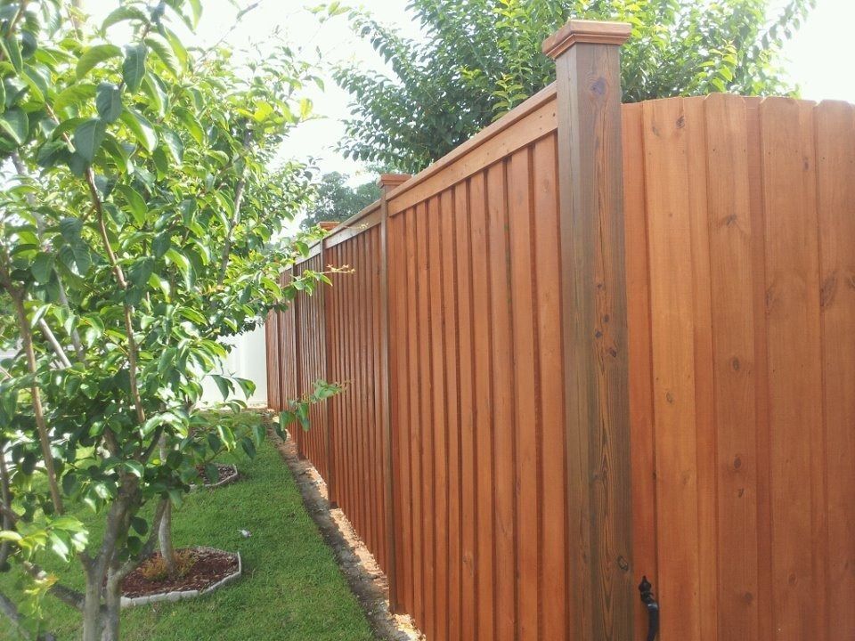 A tall, stained wooden privacy fence stands beside a green tree and grass in a backyard setting.