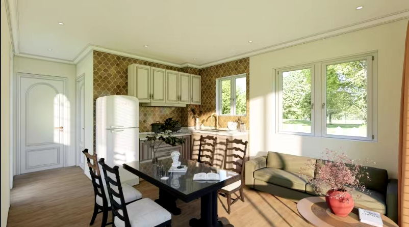 A living room with a table, chairs, a couch, and a refrigerator.