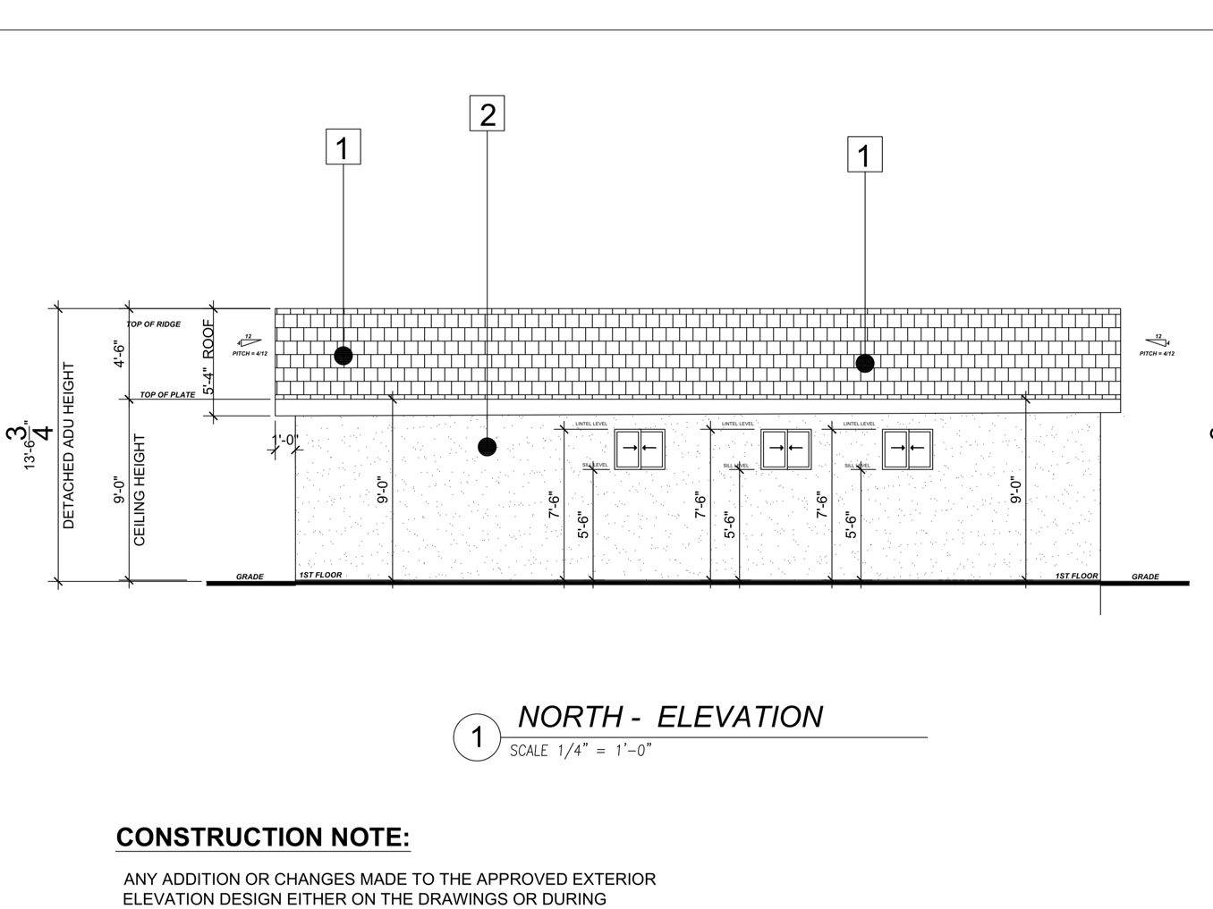 A black and white drawing of a building with a construction note.