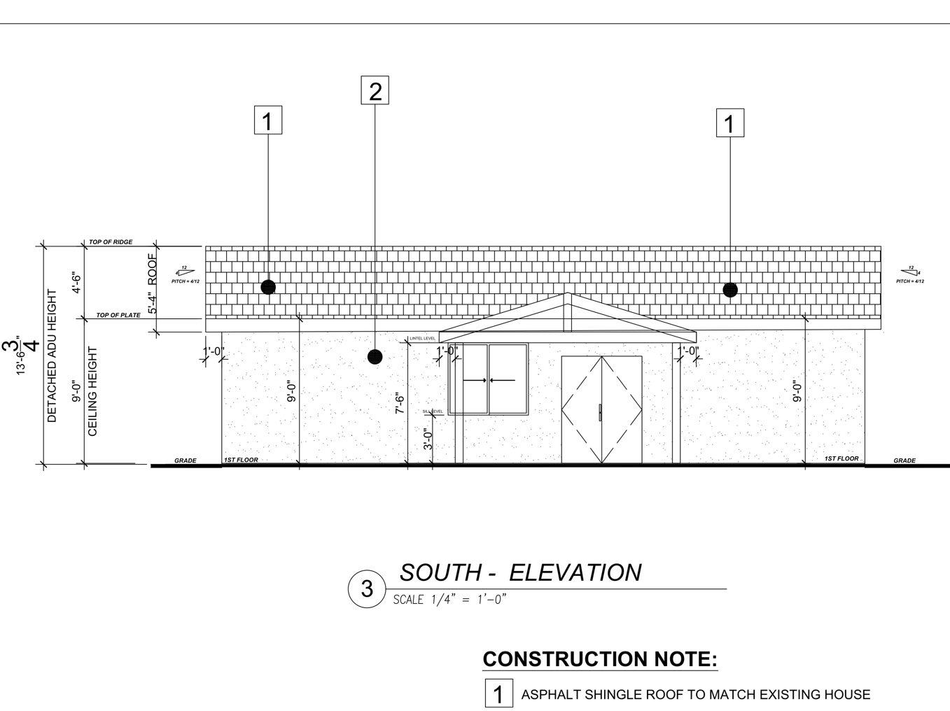 A black and white drawing of the south elevation of a building.