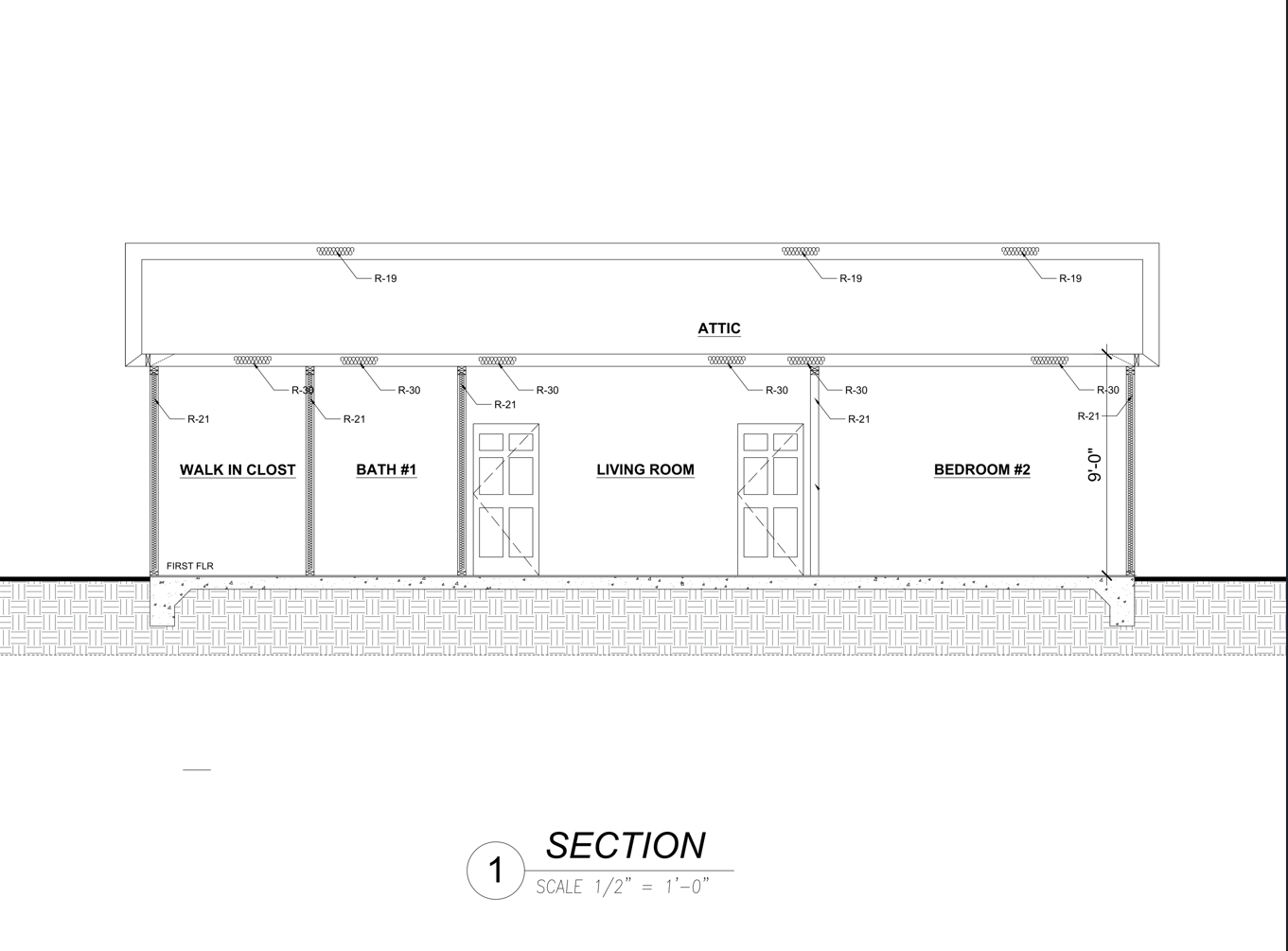 A black and white drawing of a section of a building.