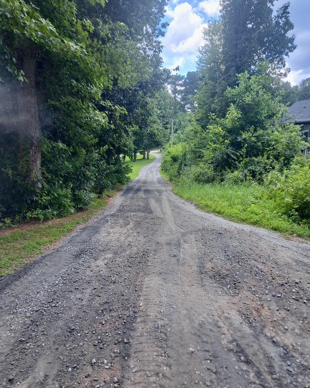 Gravel road winding between green trees under a cloudy sky.