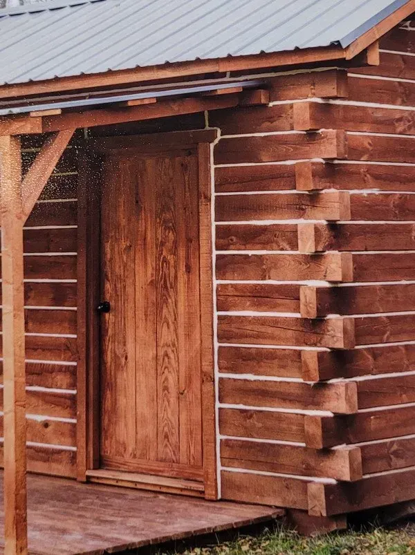 A log cabin with a metal roof and a wooden door