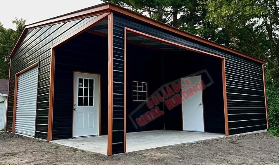 A black and white garage with two doors and a roof.