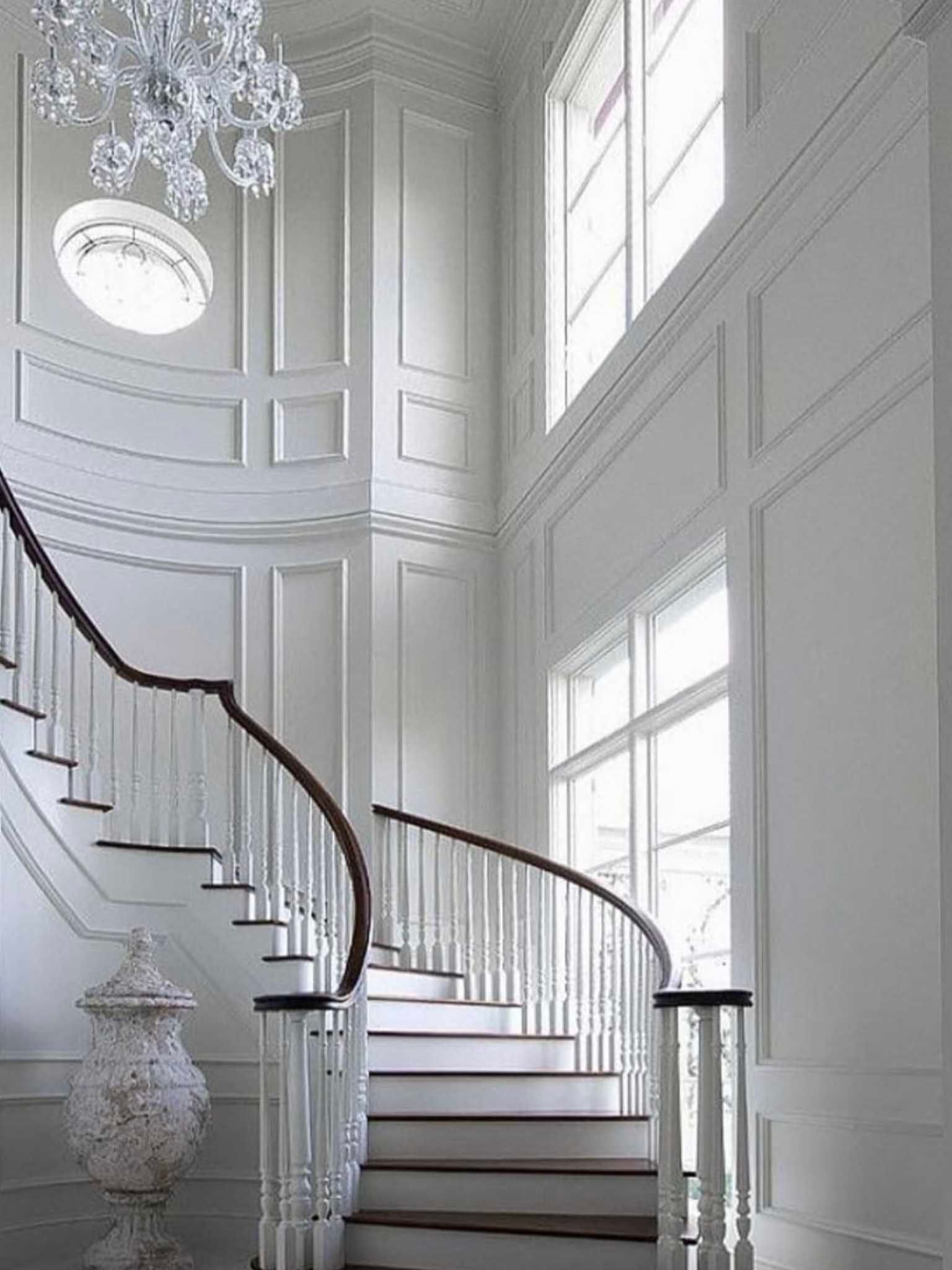 Elegant white staircase with curved dark railing in a bright, paneled foyer