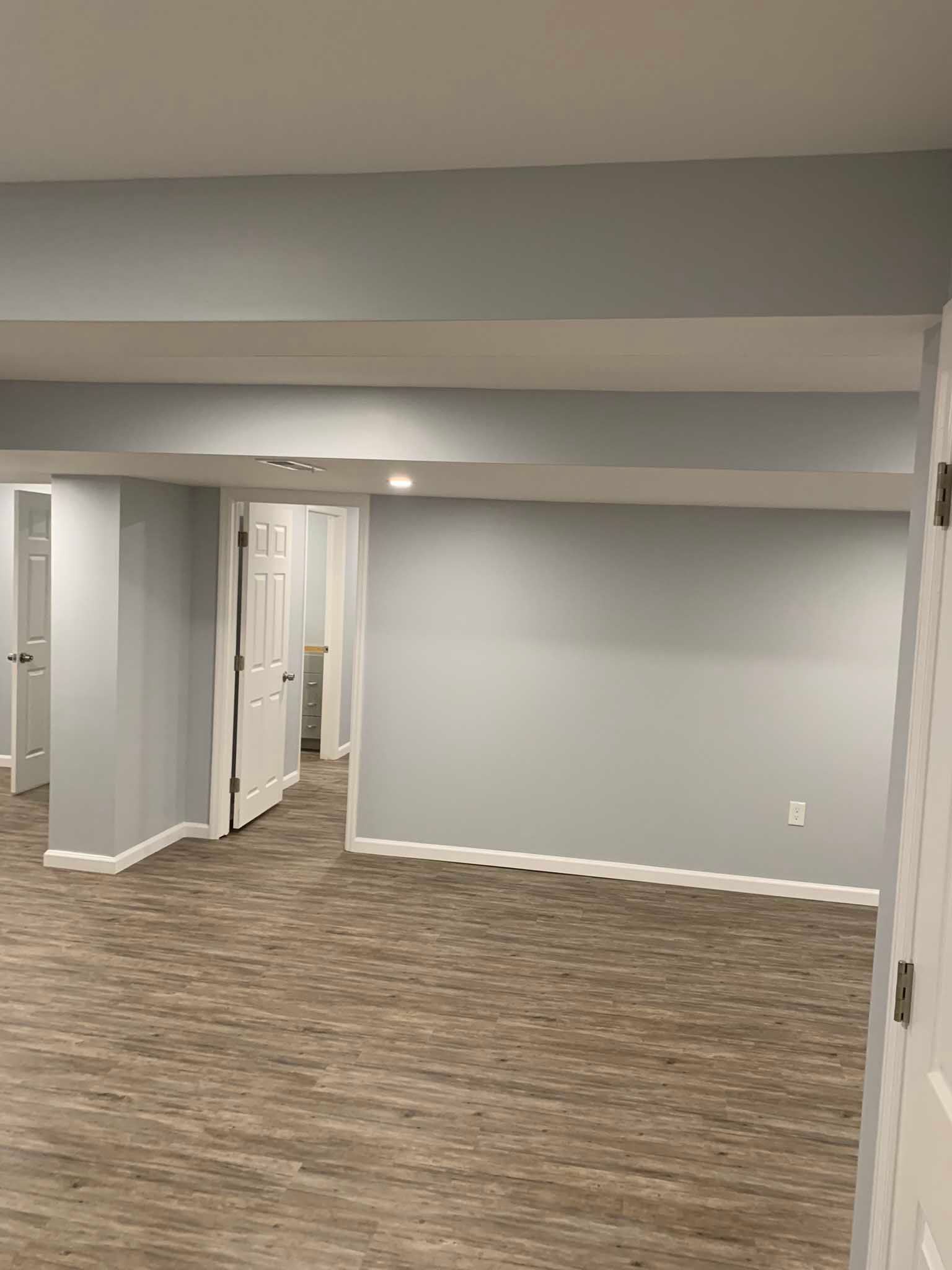 Empty finished basement room with gray walls, carpeted floor, and multiple doorways.