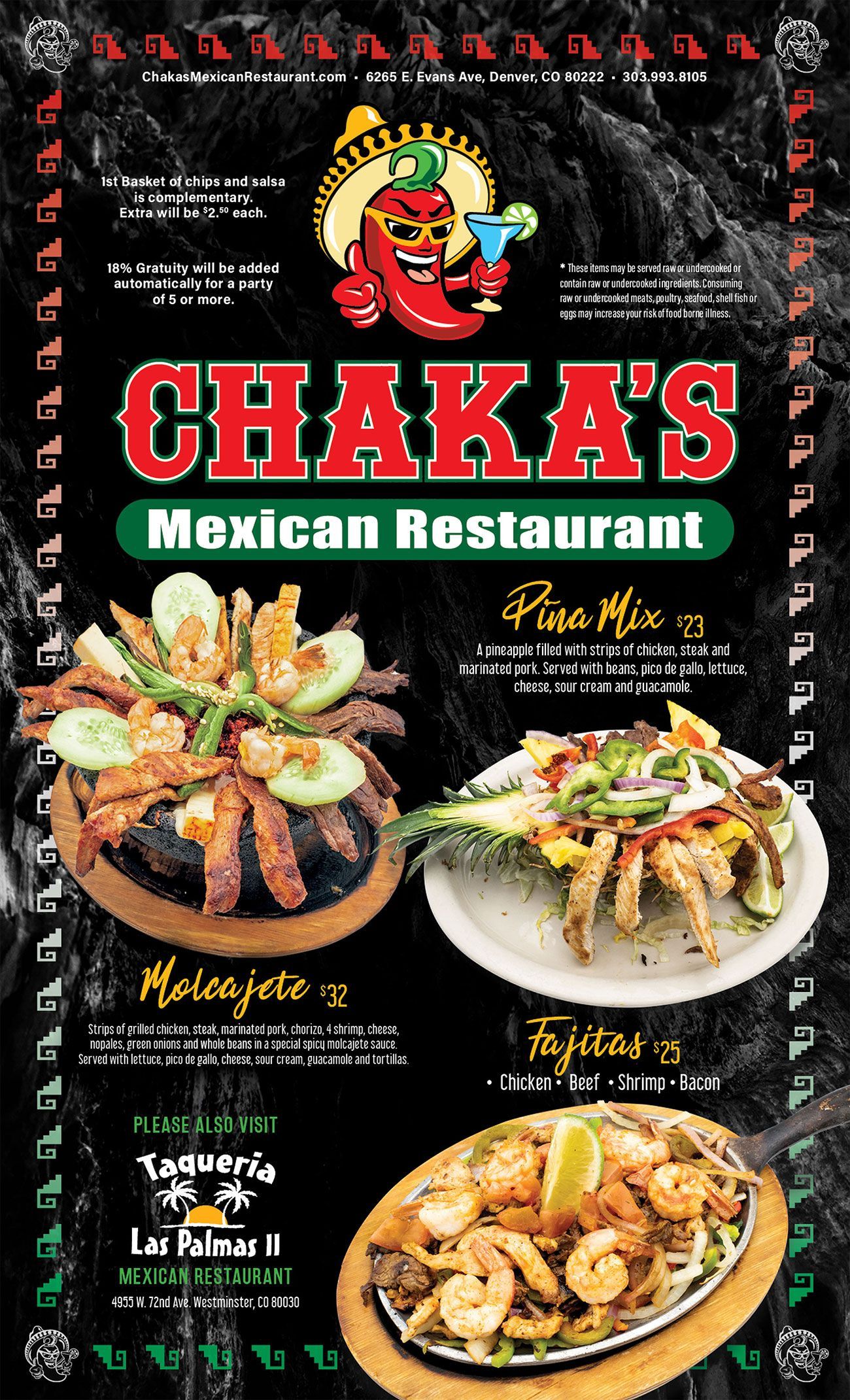 Chakas Mexican Restaurant - Entrees menu