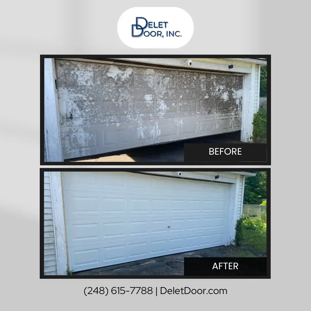 Garage door before-and-after: dirty, peeling door restored to clean white finish with Delet Door, Inc. logo.