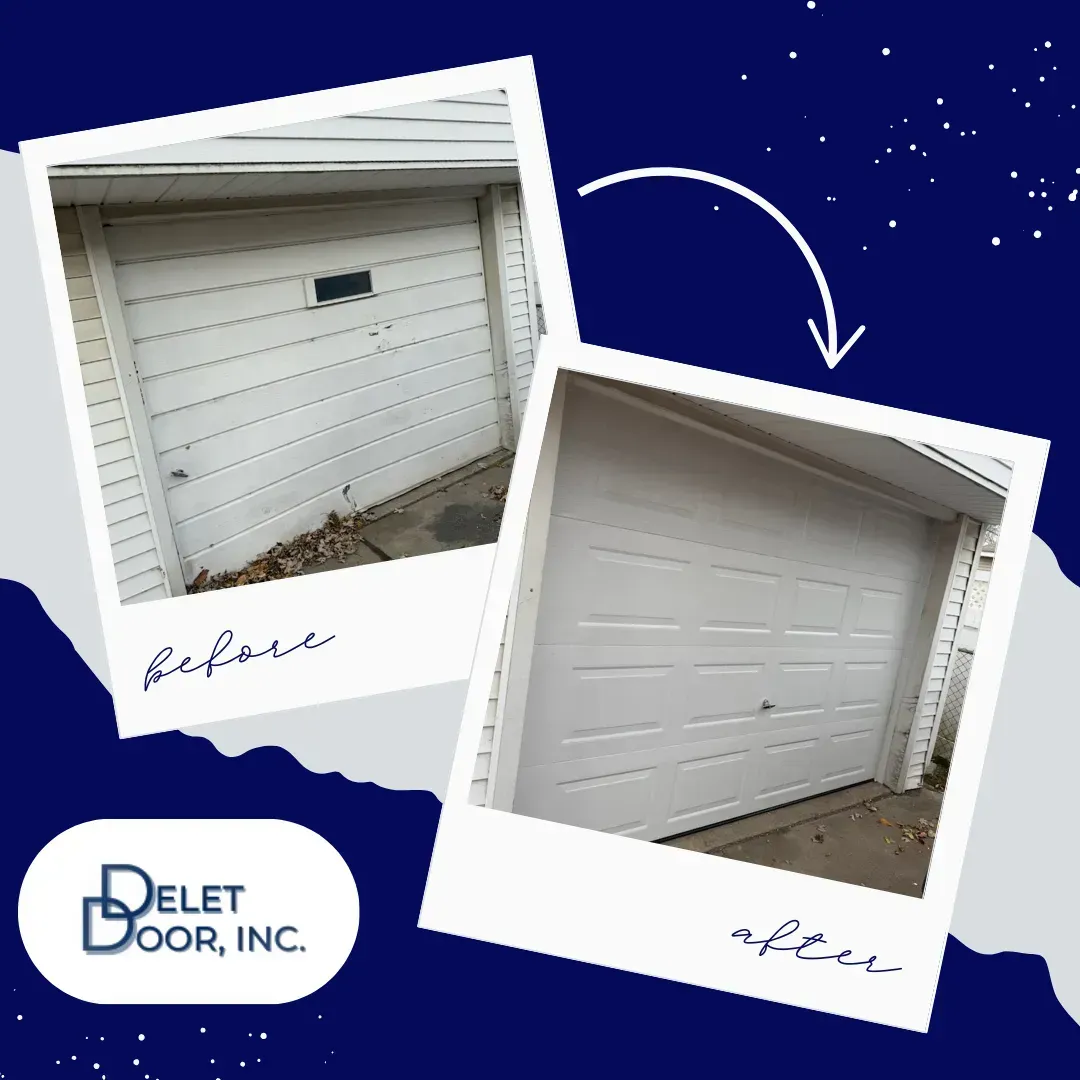 Before-and-after garage door replacement collage showing a white garage door, with Delet Door, Inc. logo on blue background