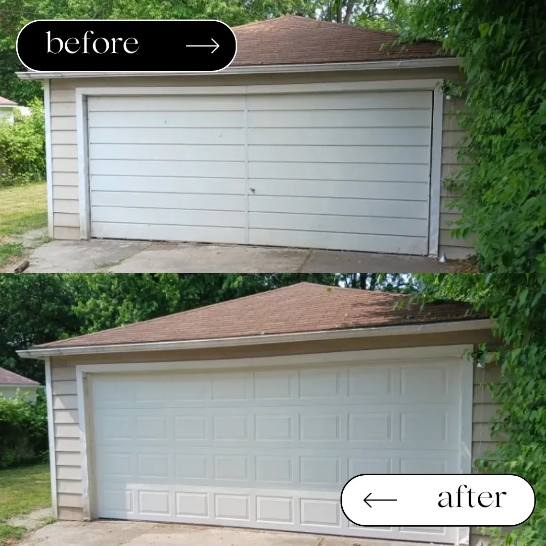 Before-and-after of a white garage door replacement on a house exterior, with old door above and new paneled door below