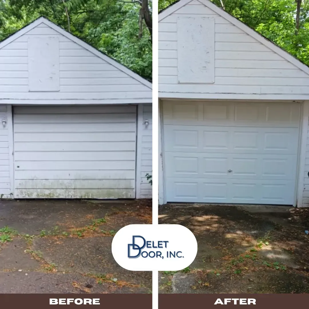 Before-and-after of a white garage door replaced with a paneled garage door.