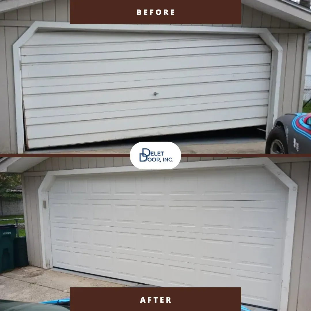 Before-and-after of a white garage door repair, showing a warped door replaced with a smooth white door.